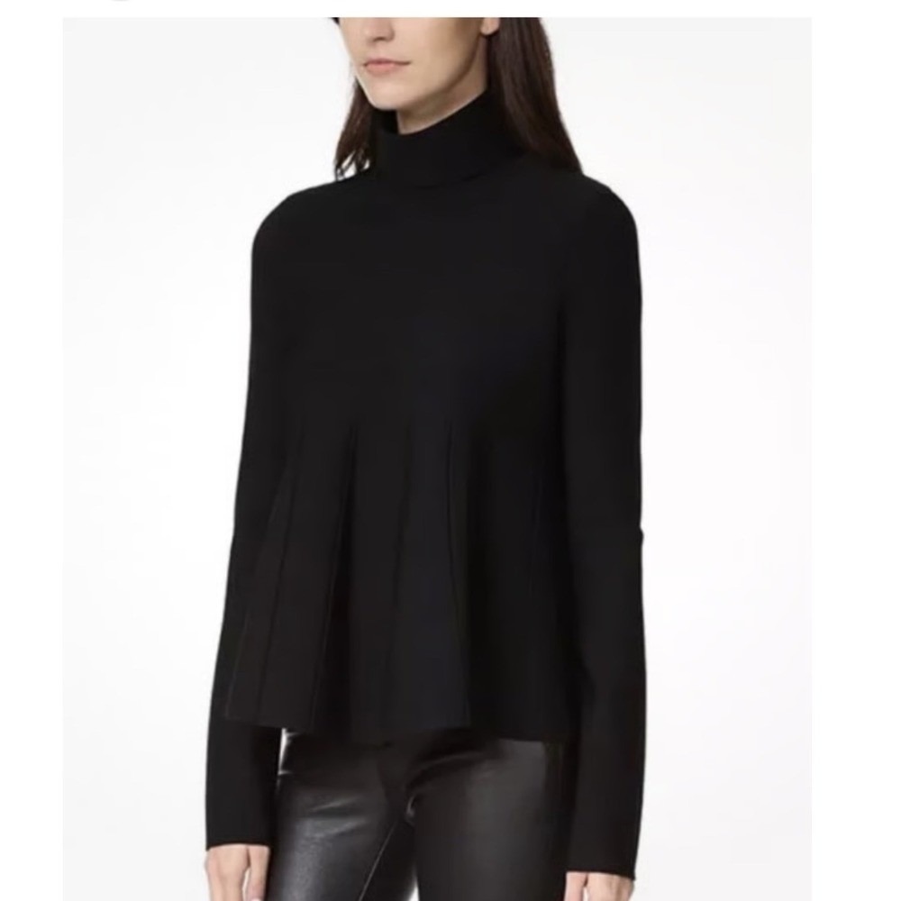 Cinq a Sept Black Ribbed‎ Turtleneck Pleated Flare Peplum Sweater XS